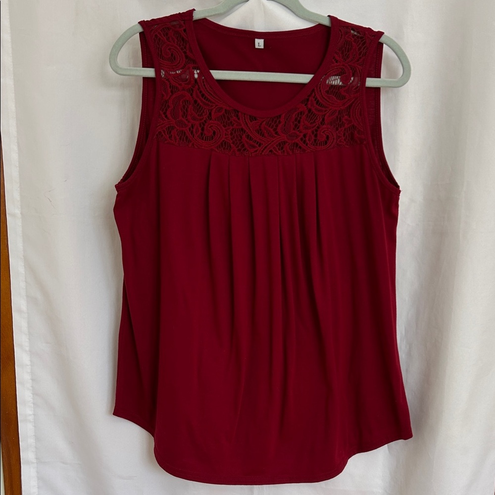 Elegant Lace Trim Burgundy Sleeveless Top